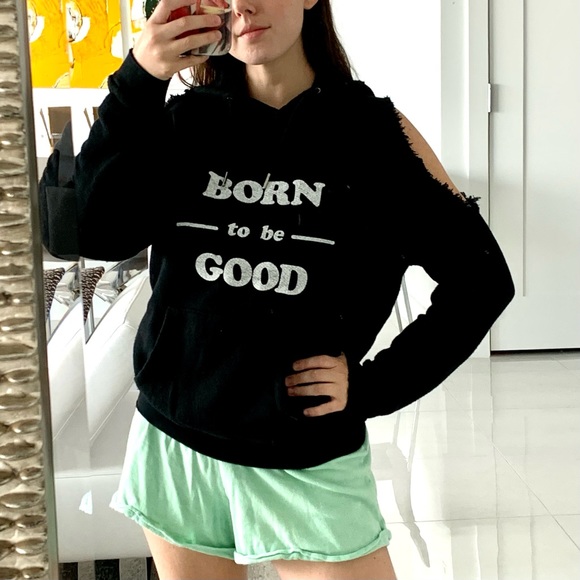 Good hYOUman Hoodie Born To Be Good Cold Shoulder Black Small - Picture 8 of 9